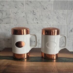 Vintage Copper and Ceramic Salt and Pepper Shakers Set